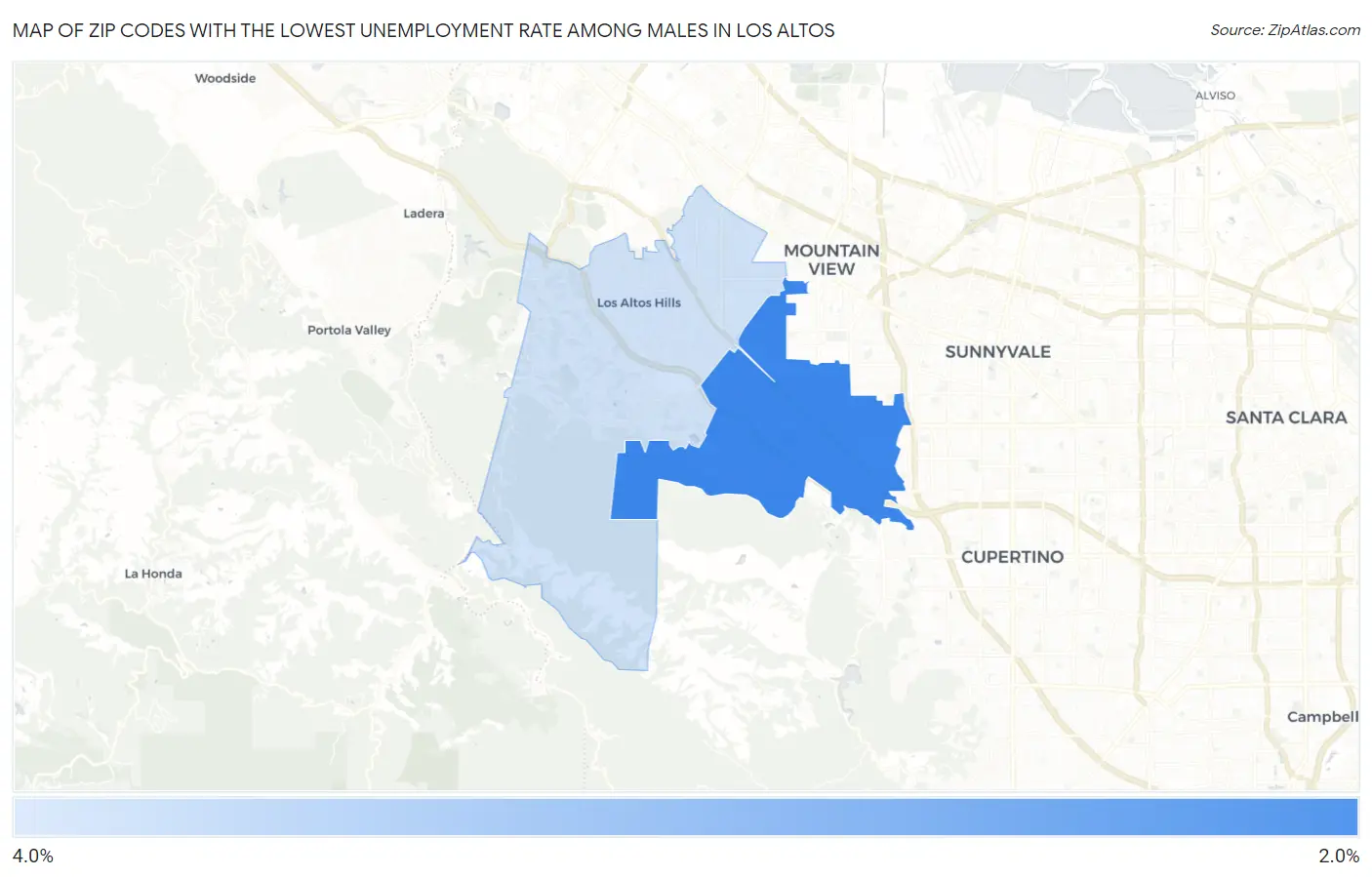 Zip Codes with the Lowest Unemployment Rate Among Males in Los Altos Map