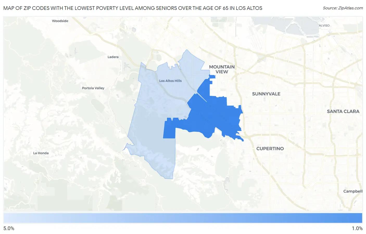 Zip Codes with the Lowest Poverty Level Among Seniors Over the Age of 65 in Los Altos Map