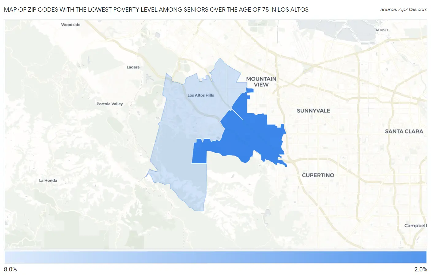 Zip Codes with the Lowest Poverty Level Among Seniors Over the Age of 75 in Los Altos Map