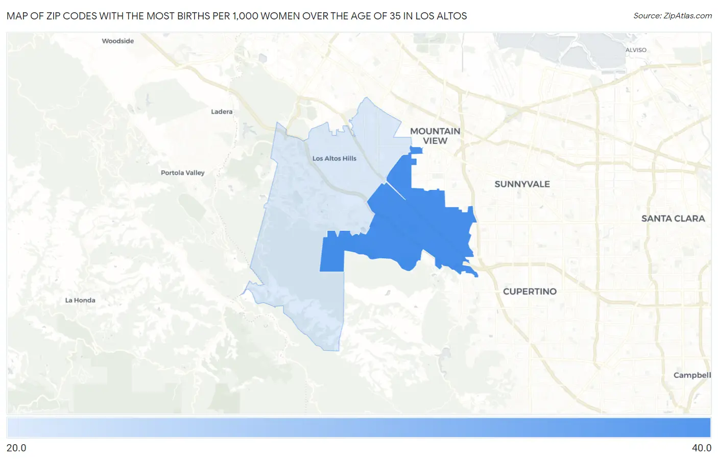Zip Codes with the Most Births per 1,000 Women Over the Age of 35 in Los Altos Map