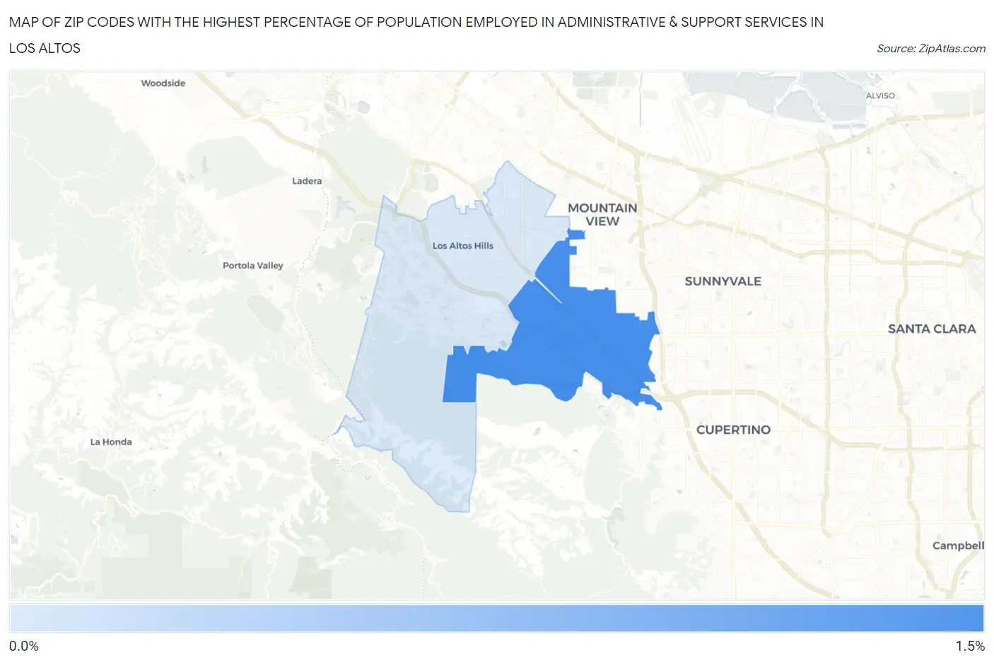 Zip Codes with the Highest Percentage of Population Employed in Administrative & Support Services in Los Altos Map