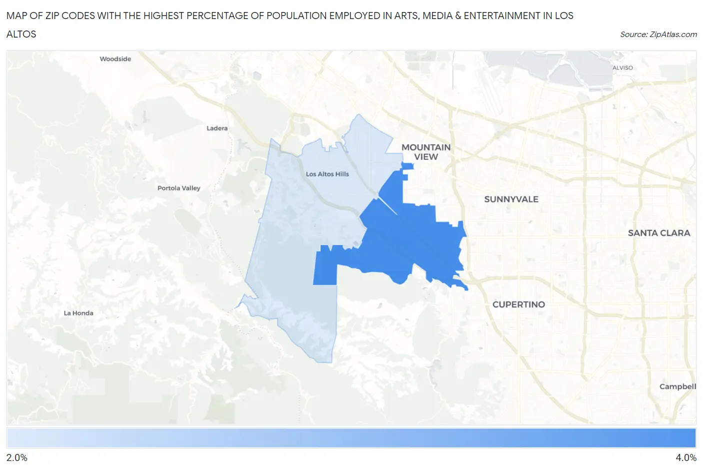 Zip Codes with the Highest Percentage of Population Employed in Arts, Media & Entertainment in Los Altos Map