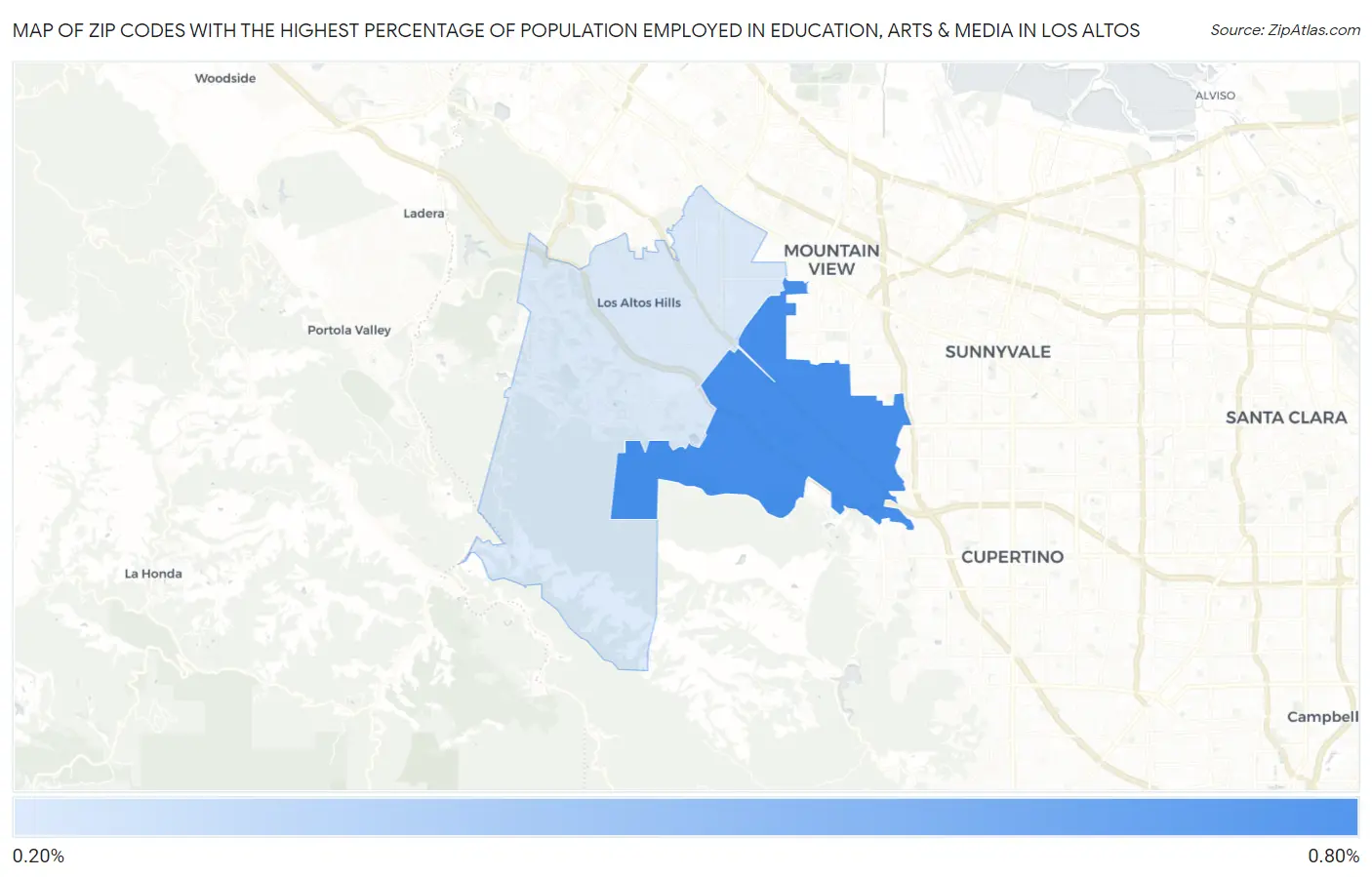 Zip Codes with the Highest Percentage of Population Employed in Education, Arts & Media in Los Altos Map