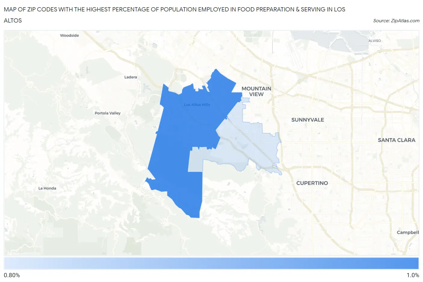 Zip Codes with the Highest Percentage of Population Employed in Food Preparation & Serving in Los Altos Map
