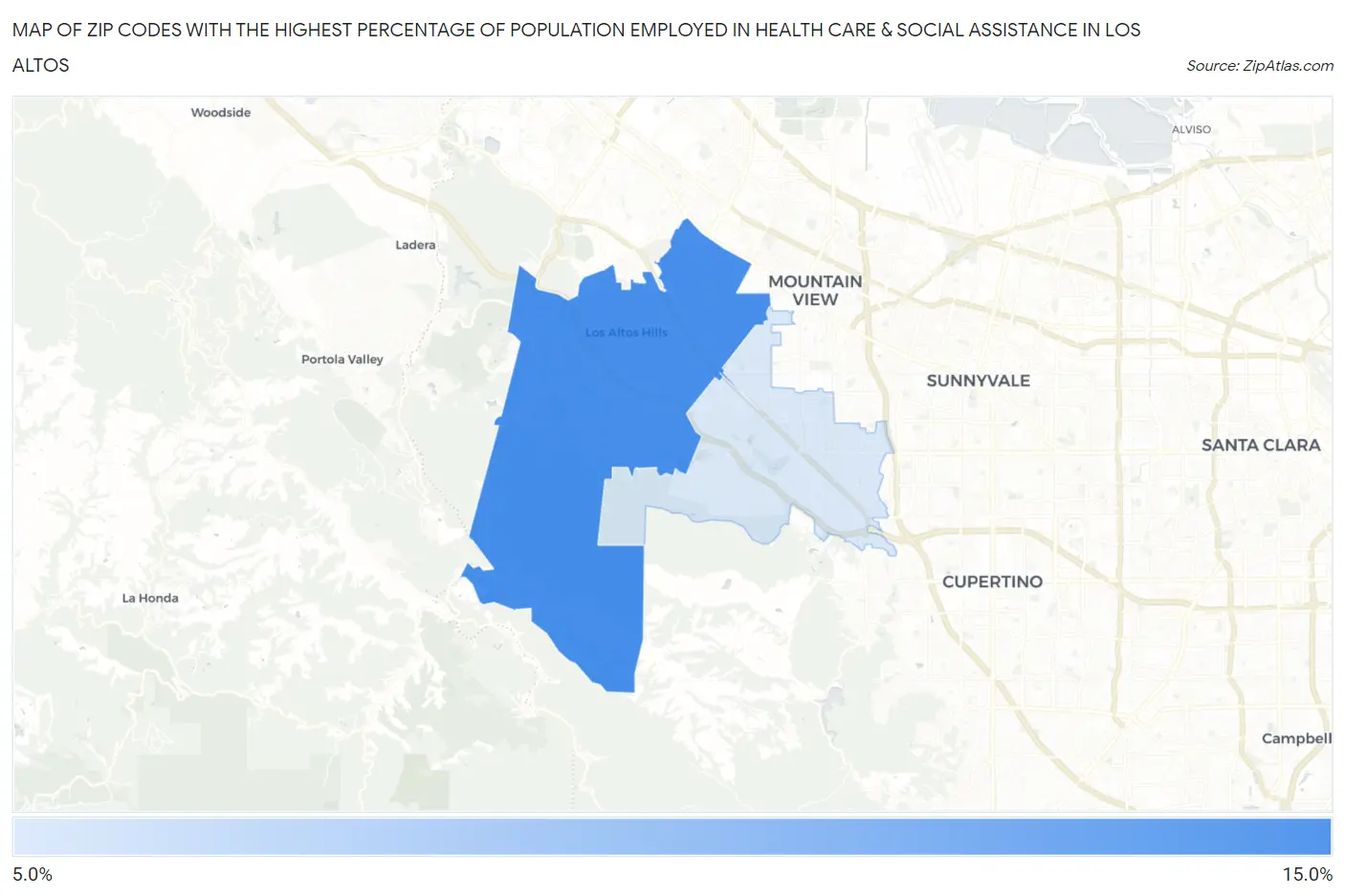 Zip Codes with the Highest Percentage of Population Employed in Health Care & Social Assistance in Los Altos Map