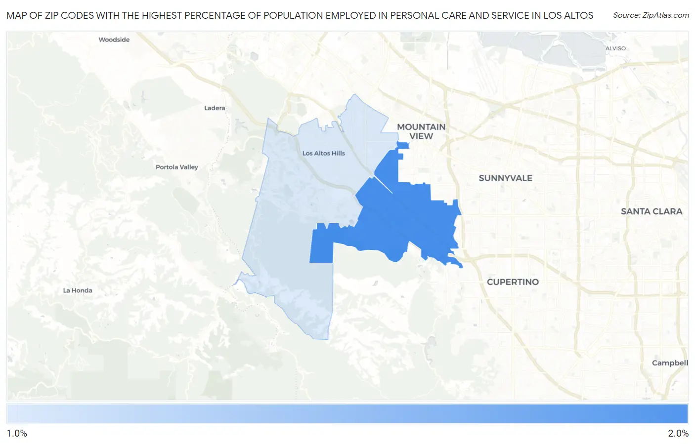 Zip Codes with the Highest Percentage of Population Employed in Personal Care and Service in Los Altos Map