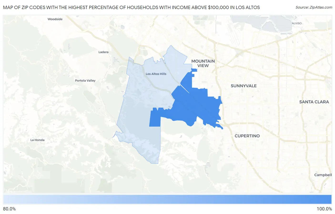 Zip Codes with the Highest Percentage of Households with Income Above $100,000 in Los Altos Map