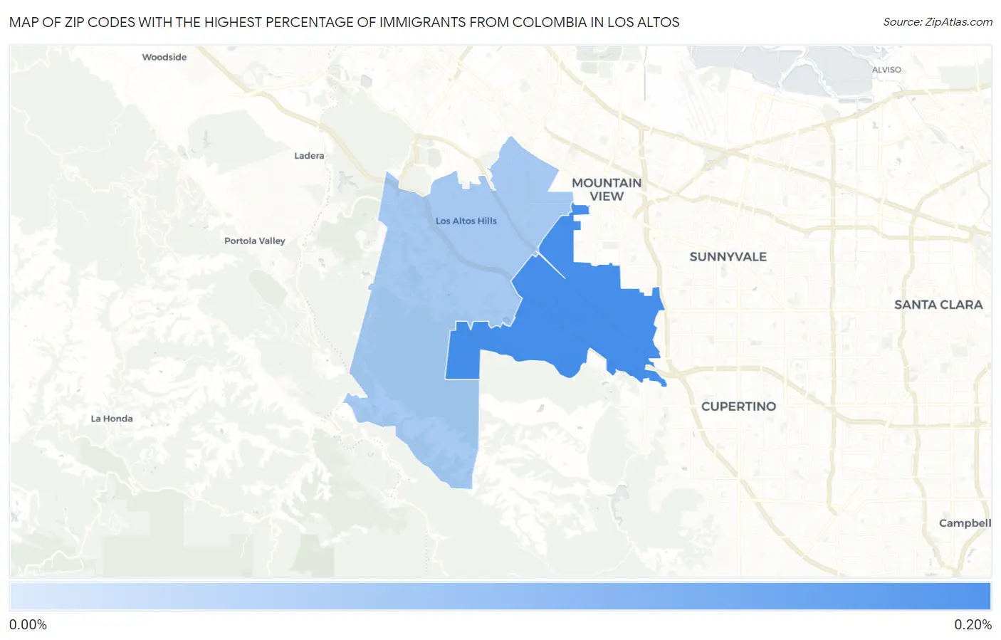 Zip Codes with the Highest Percentage of Immigrants from Colombia in Los Altos Map