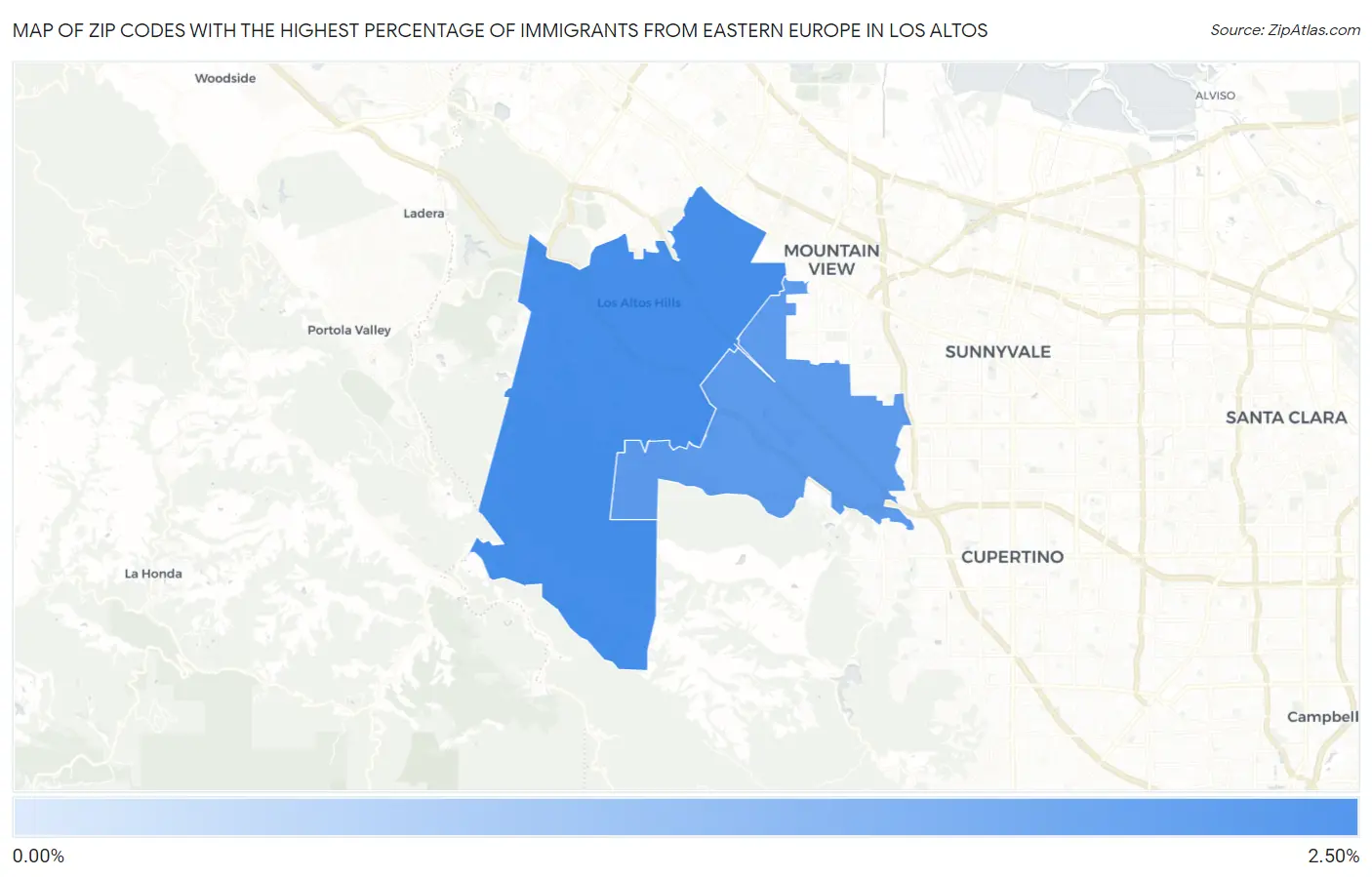 Zip Codes with the Highest Percentage of Immigrants from Eastern Europe in Los Altos Map