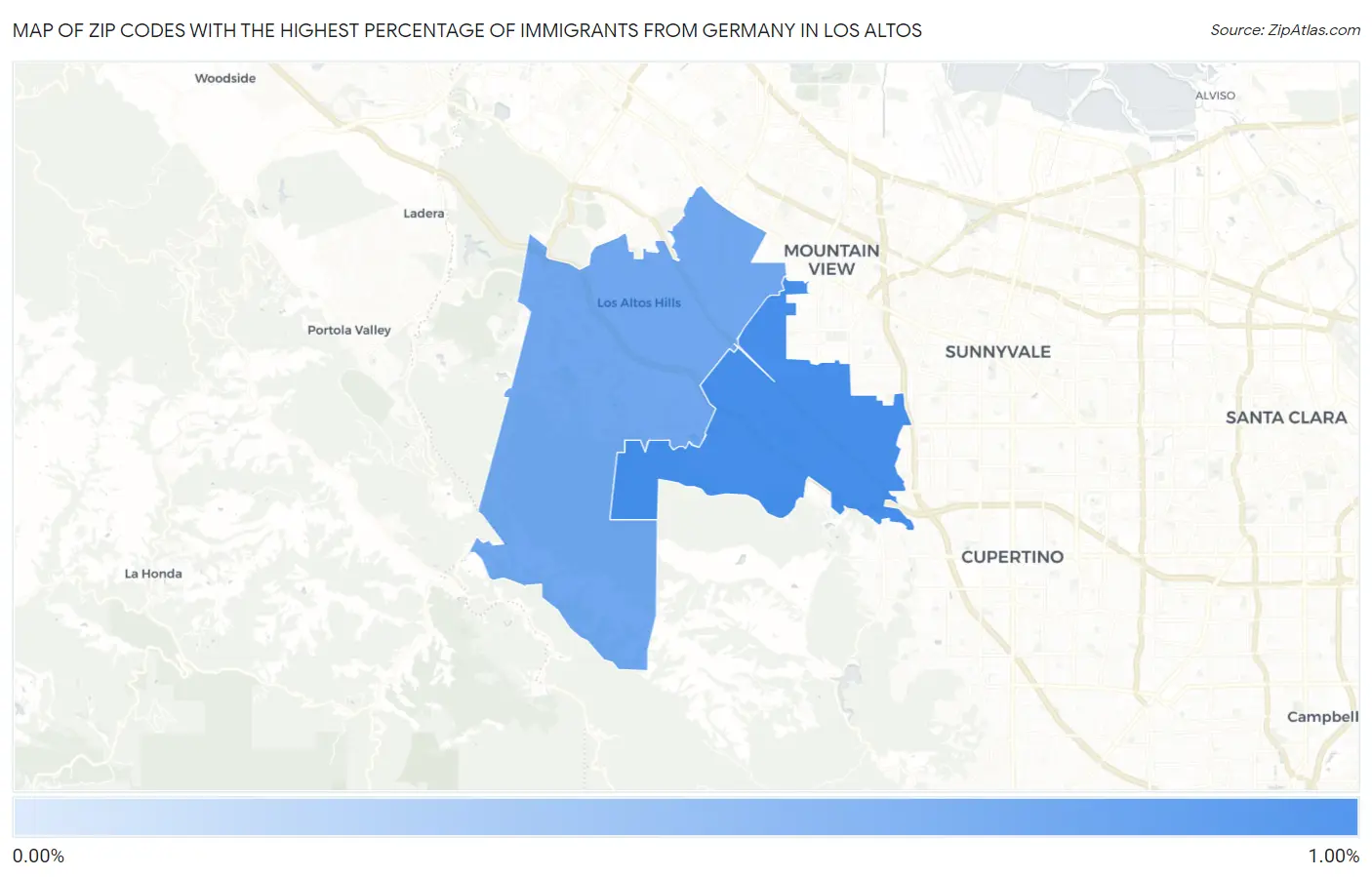 Zip Codes with the Highest Percentage of Immigrants from Germany in Los Altos Map