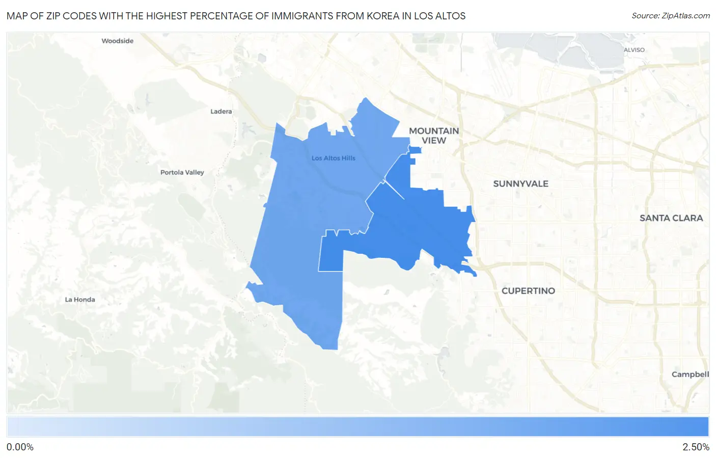 Zip Codes with the Highest Percentage of Immigrants from Korea in Los Altos Map
