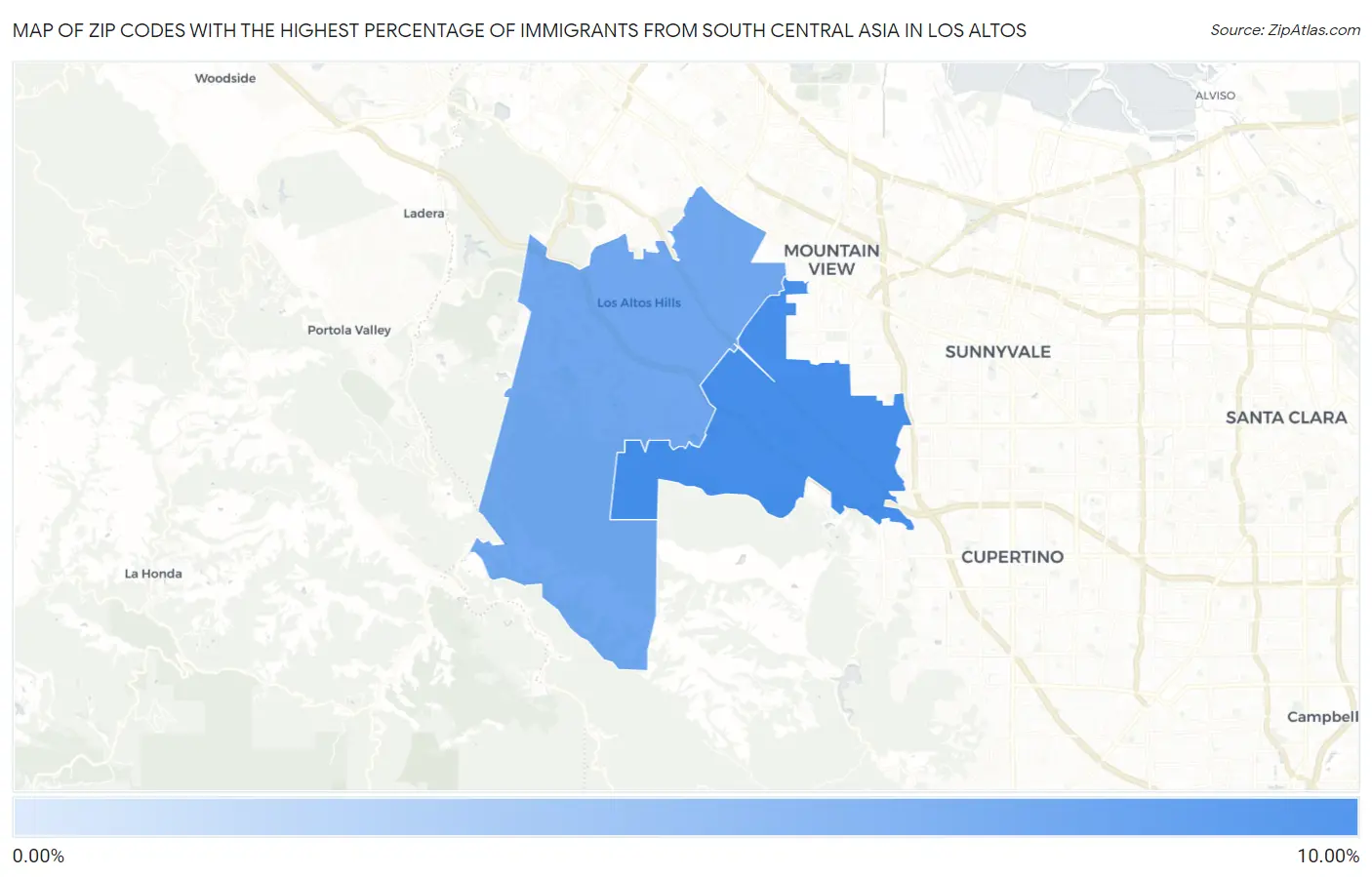 Zip Codes with the Highest Percentage of Immigrants from South Central Asia in Los Altos Map