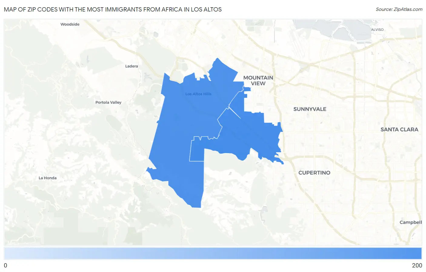 Zip Codes with the Most Immigrants from Africa in Los Altos Map