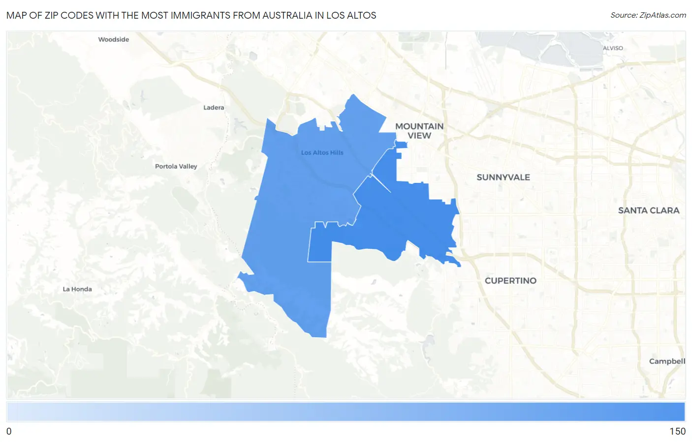 Zip Codes with the Most Immigrants from Australia in Los Altos Map