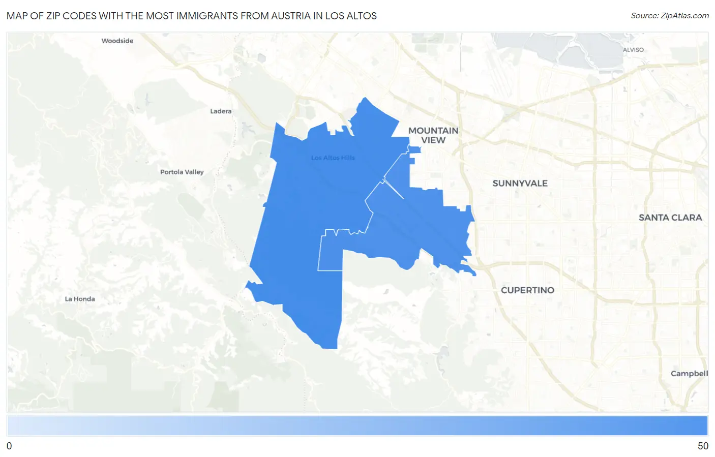 Zip Codes with the Most Immigrants from Austria in Los Altos Map