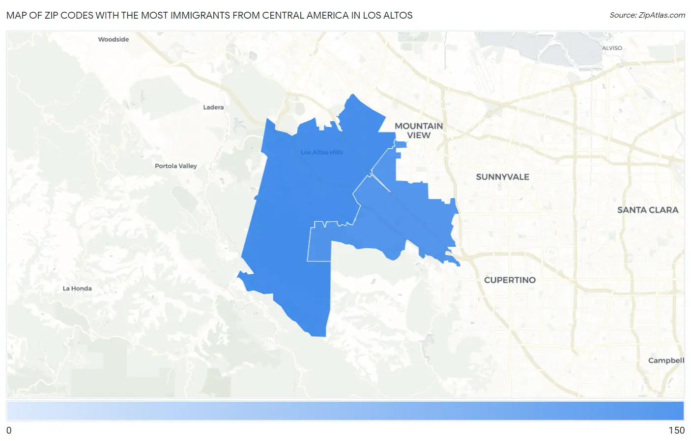 Zip Codes with the Most Immigrants from Central America in Los Altos Map