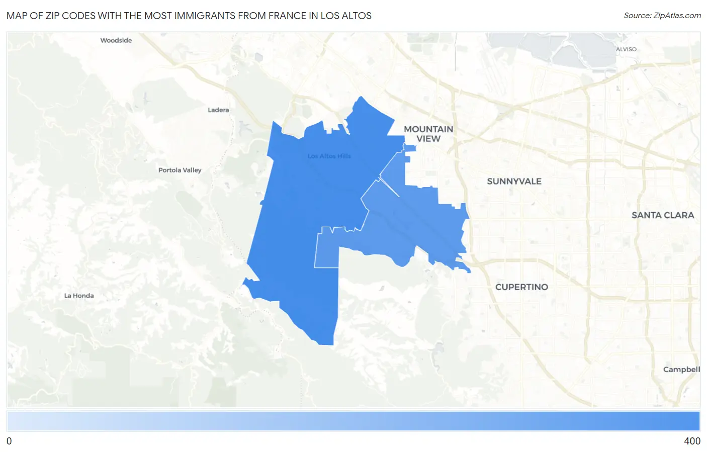 Zip Codes with the Most Immigrants from France in Los Altos Map