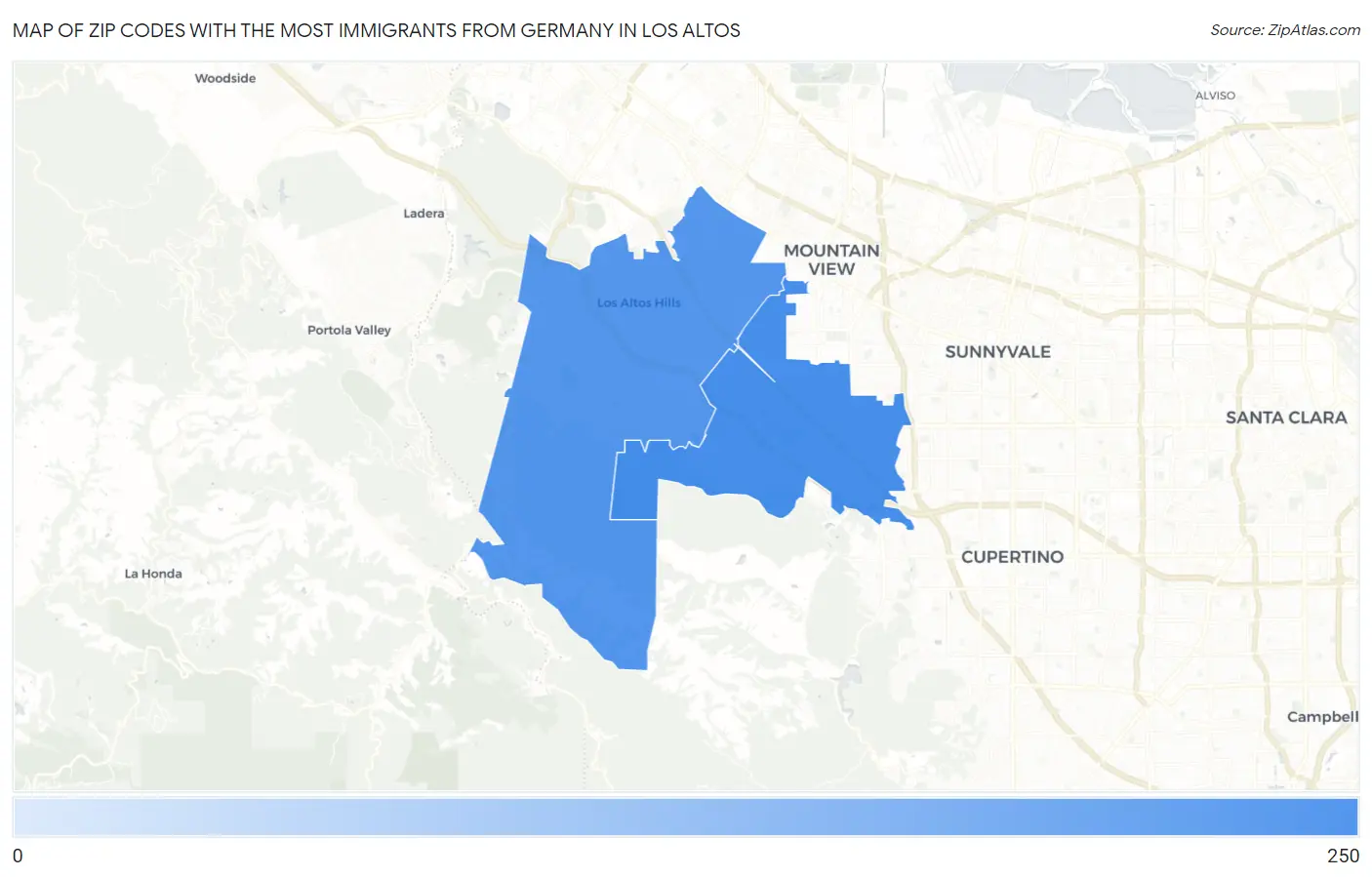 Zip Codes with the Most Immigrants from Germany in Los Altos Map