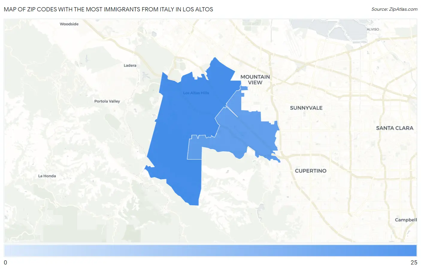 Zip Codes with the Most Immigrants from Italy in Los Altos Map