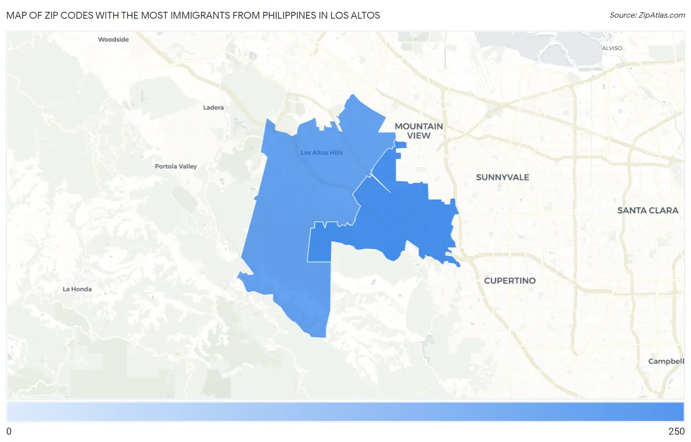 Zip Codes with the Most Immigrants from Philippines in Los Altos Map