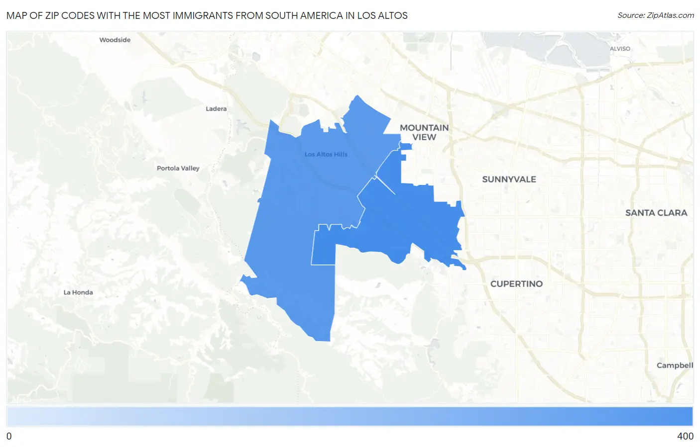 Zip Codes with the Most Immigrants from South America in Los Altos Map