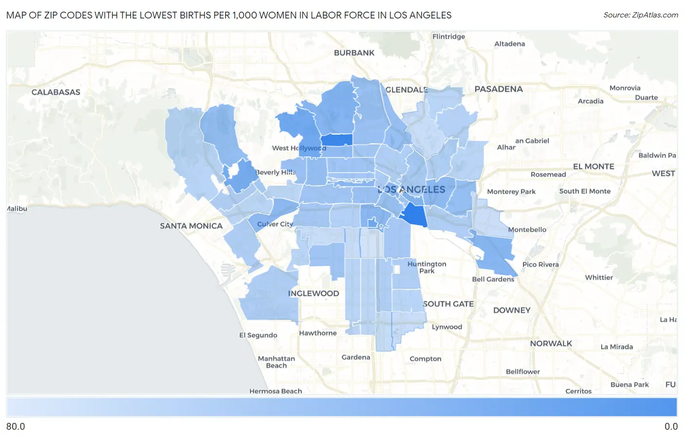 Zip Codes with the Lowest Births per 1,000 Women in Labor Force in Los Angeles Map