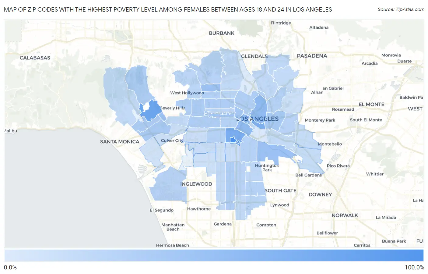 Zip Codes with the Highest Poverty Level Among Females Between Ages 18 and 24 in Los Angeles Map
