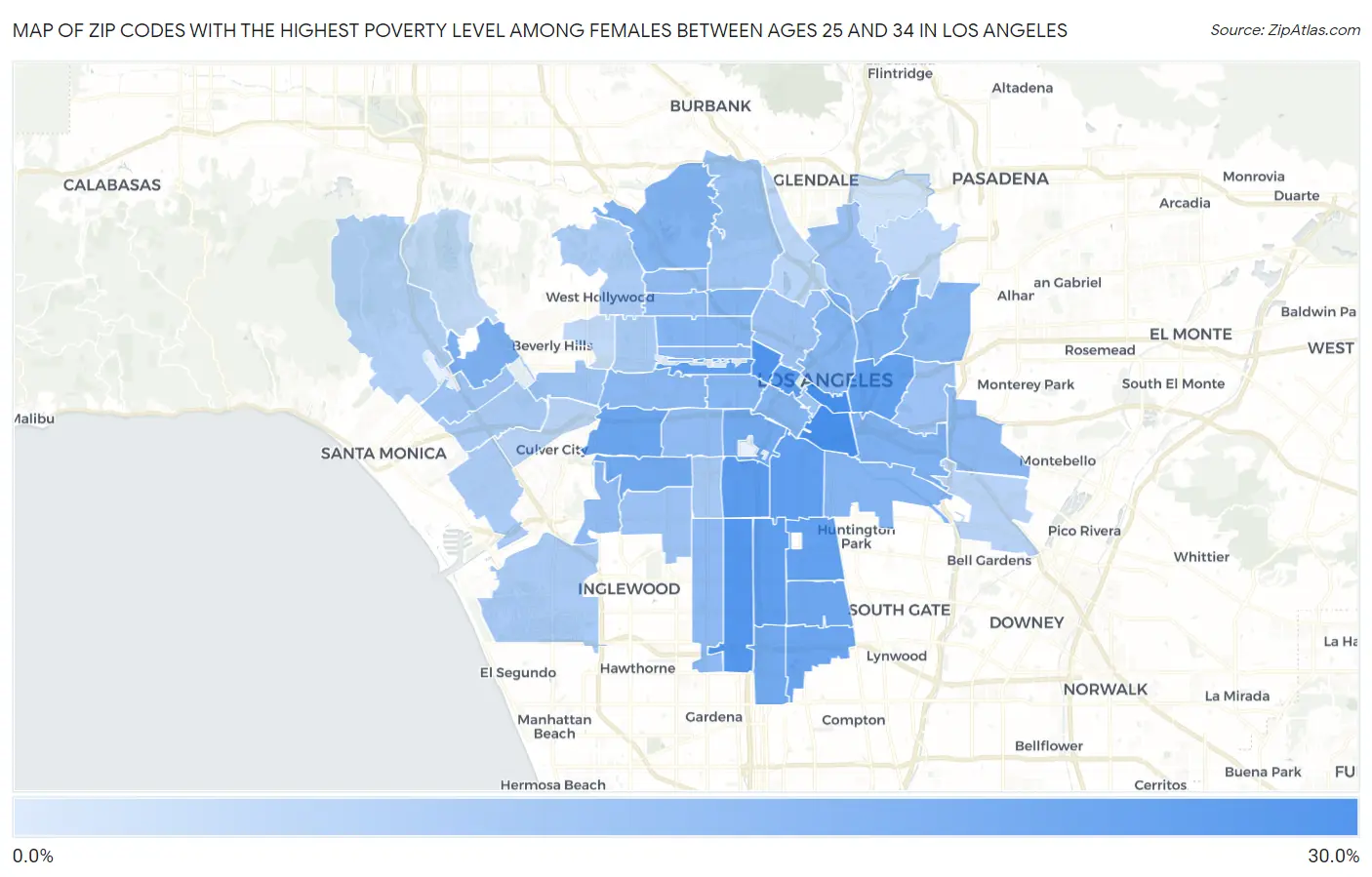 Zip Codes with the Highest Poverty Level Among Females Between Ages 25 and 34 in Los Angeles Map