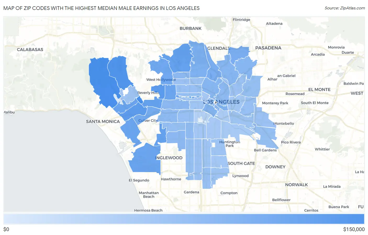Zip Codes with the Highest Median Male Earnings in Los Angeles Map