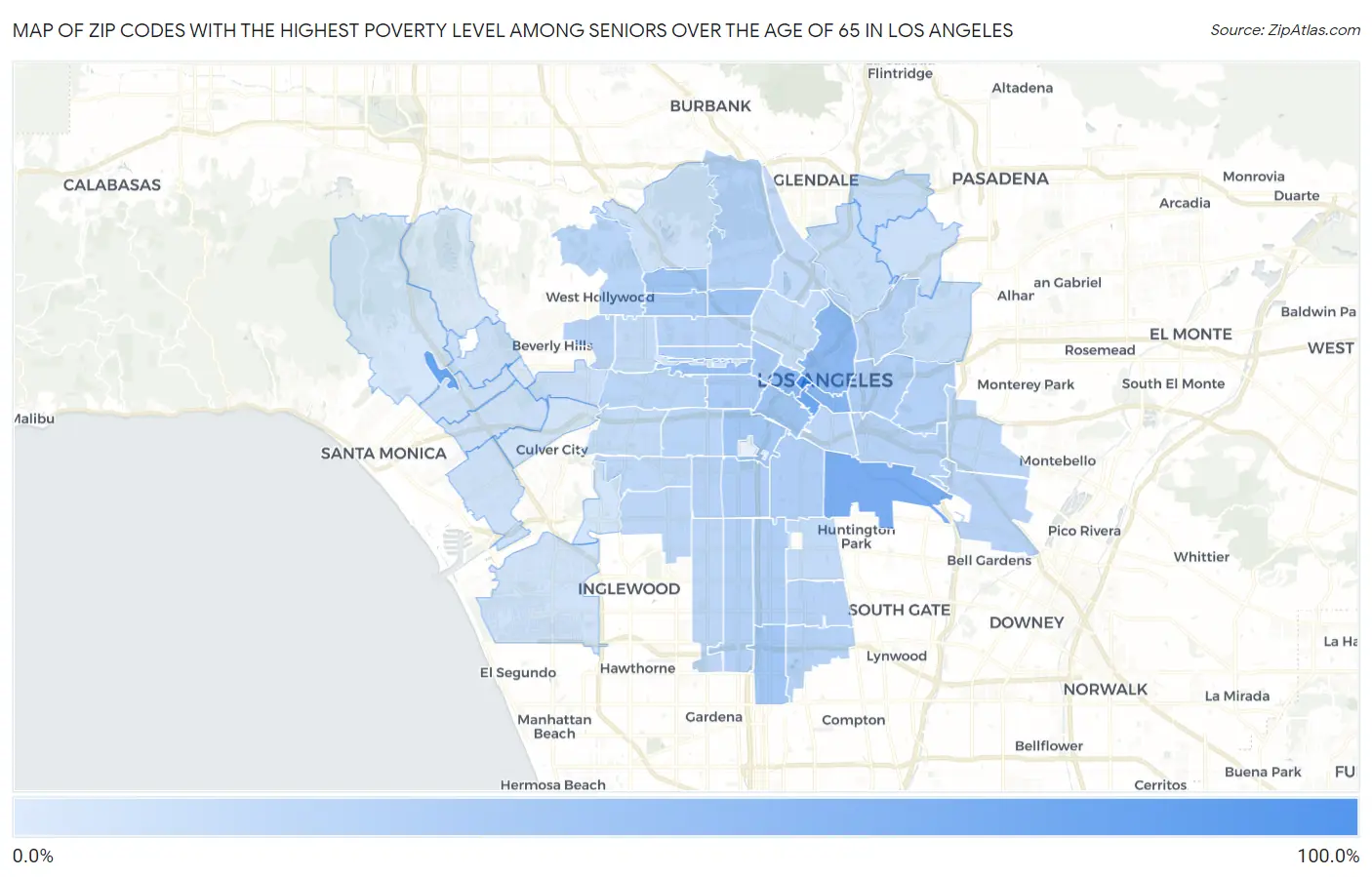 Zip Codes with the Highest Poverty Level Among Seniors Over the Age of 65 in Los Angeles Map