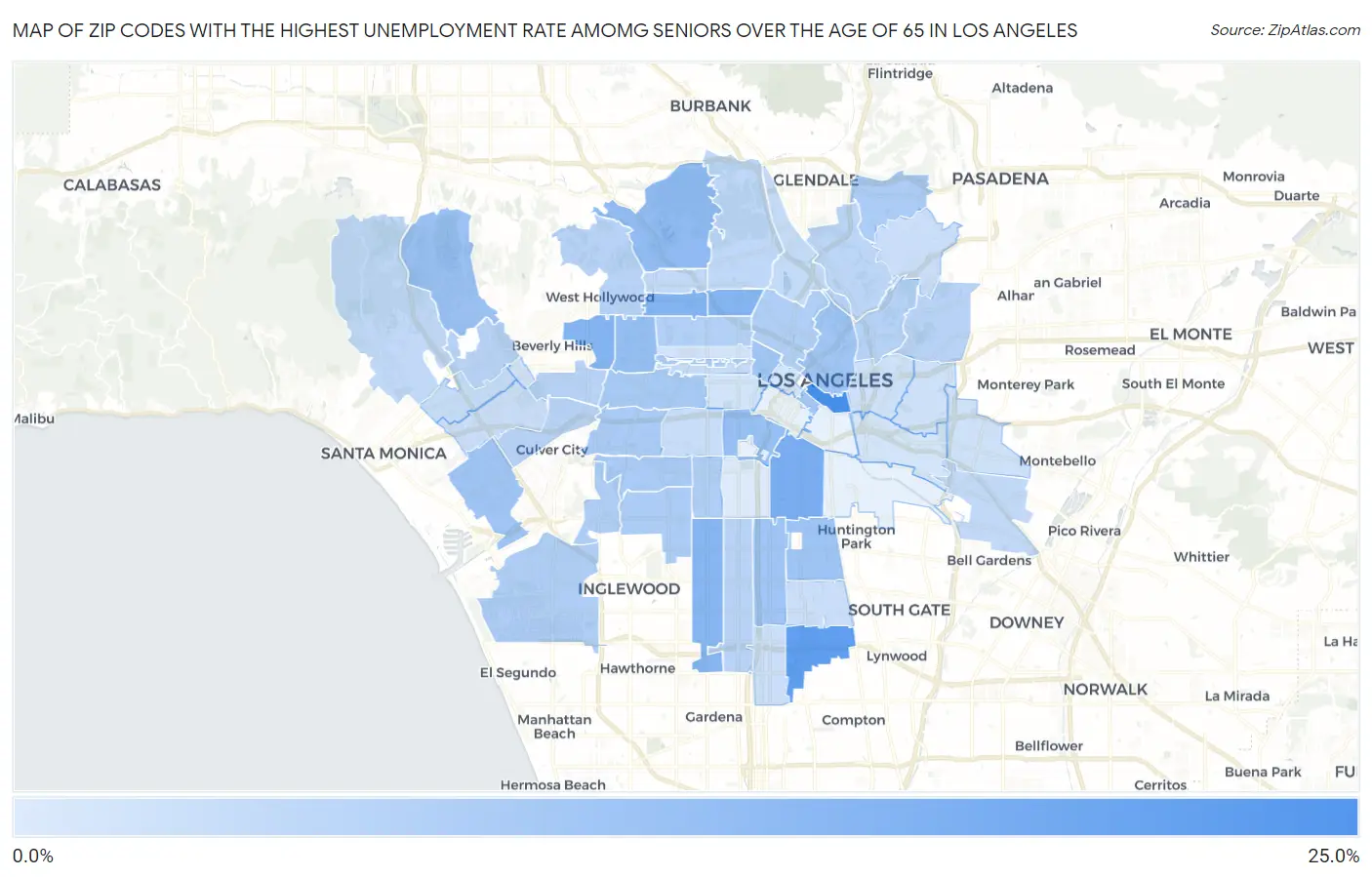 Zip Codes with the Highest Unemployment Rate Amomg Seniors Over the Age of 65 in Los Angeles Map
