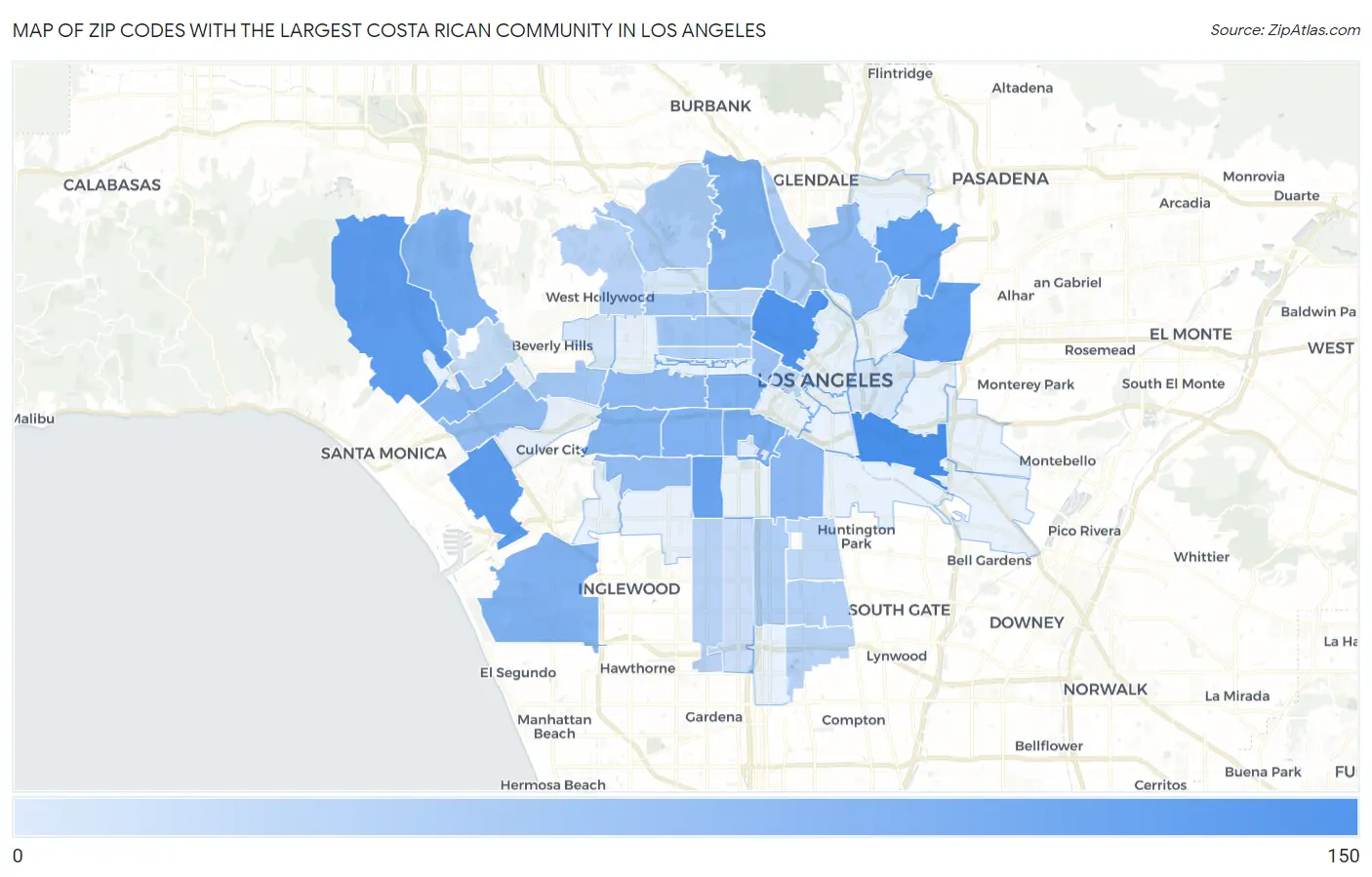 Zip Codes with the Largest Costa Rican Community in Los Angeles Map