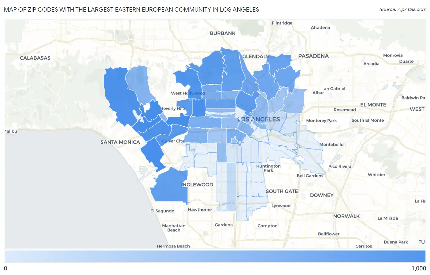 Zip Codes with the Largest Eastern European Community in Los Angeles Map