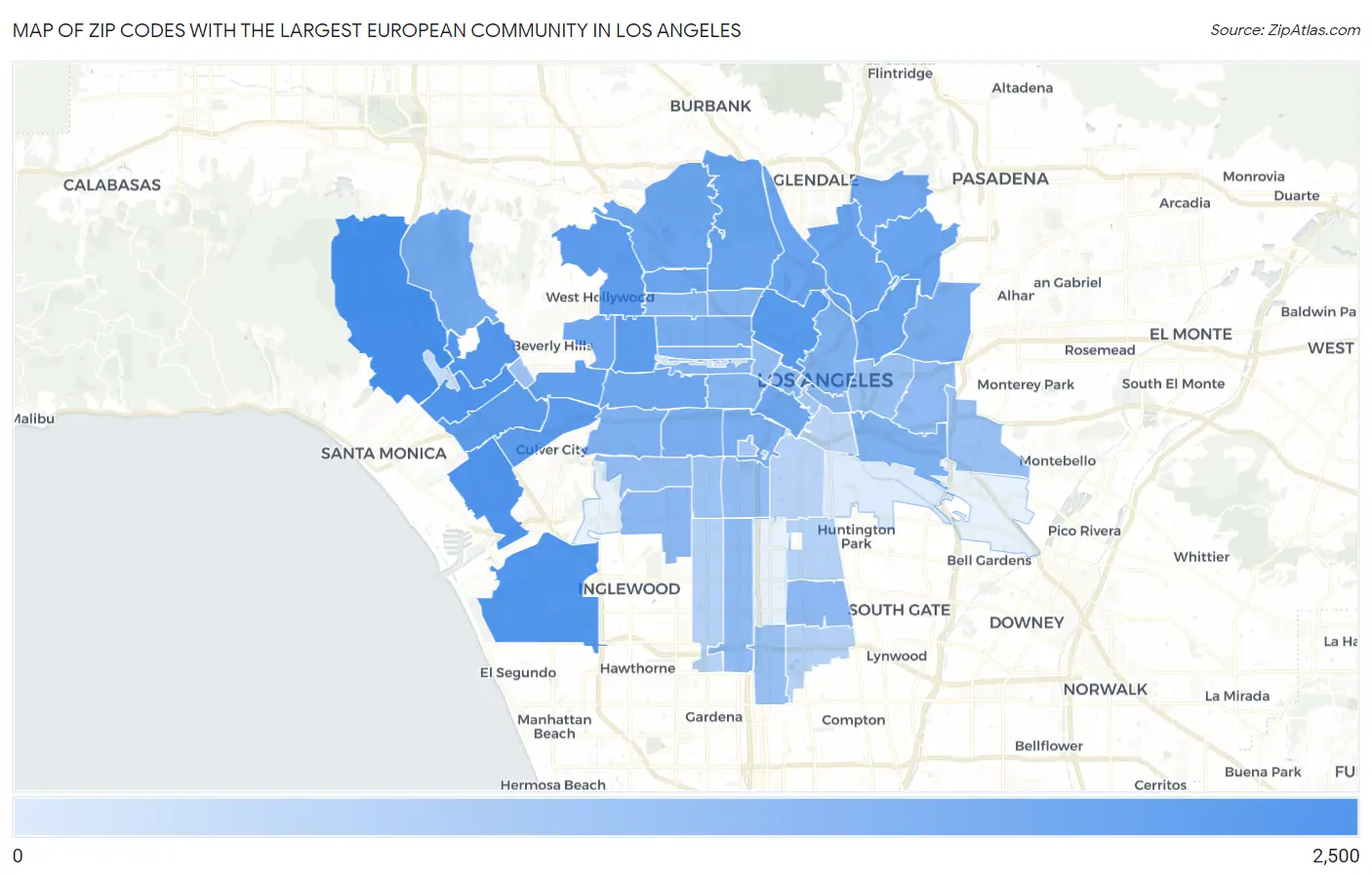 Zip Codes with the Largest European Community in Los Angeles Map