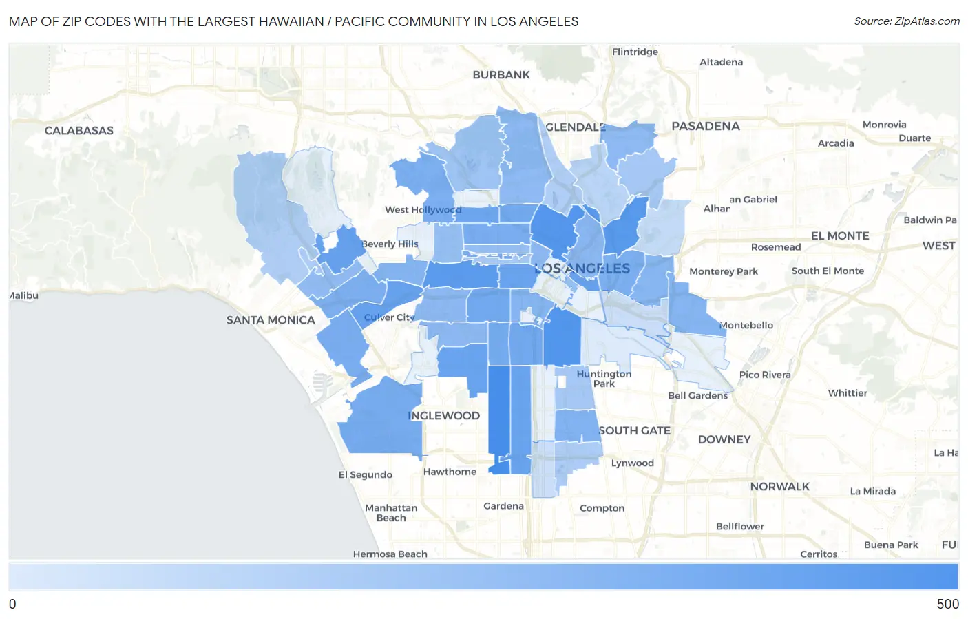 Zip Codes with the Largest Hawaiian / Pacific Community in Los Angeles Map