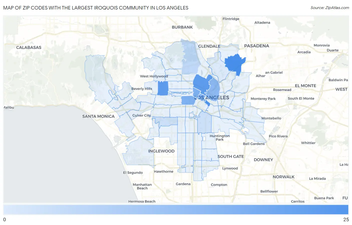 Zip Codes with the Largest Iroquois Community in Los Angeles Map