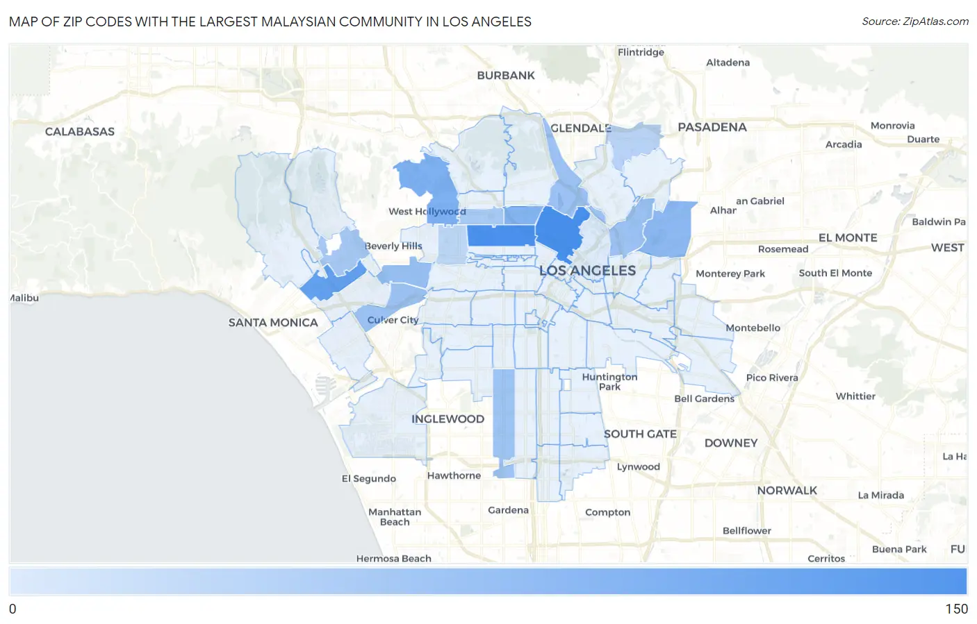 Zip Codes with the Largest Malaysian Community in Los Angeles Map