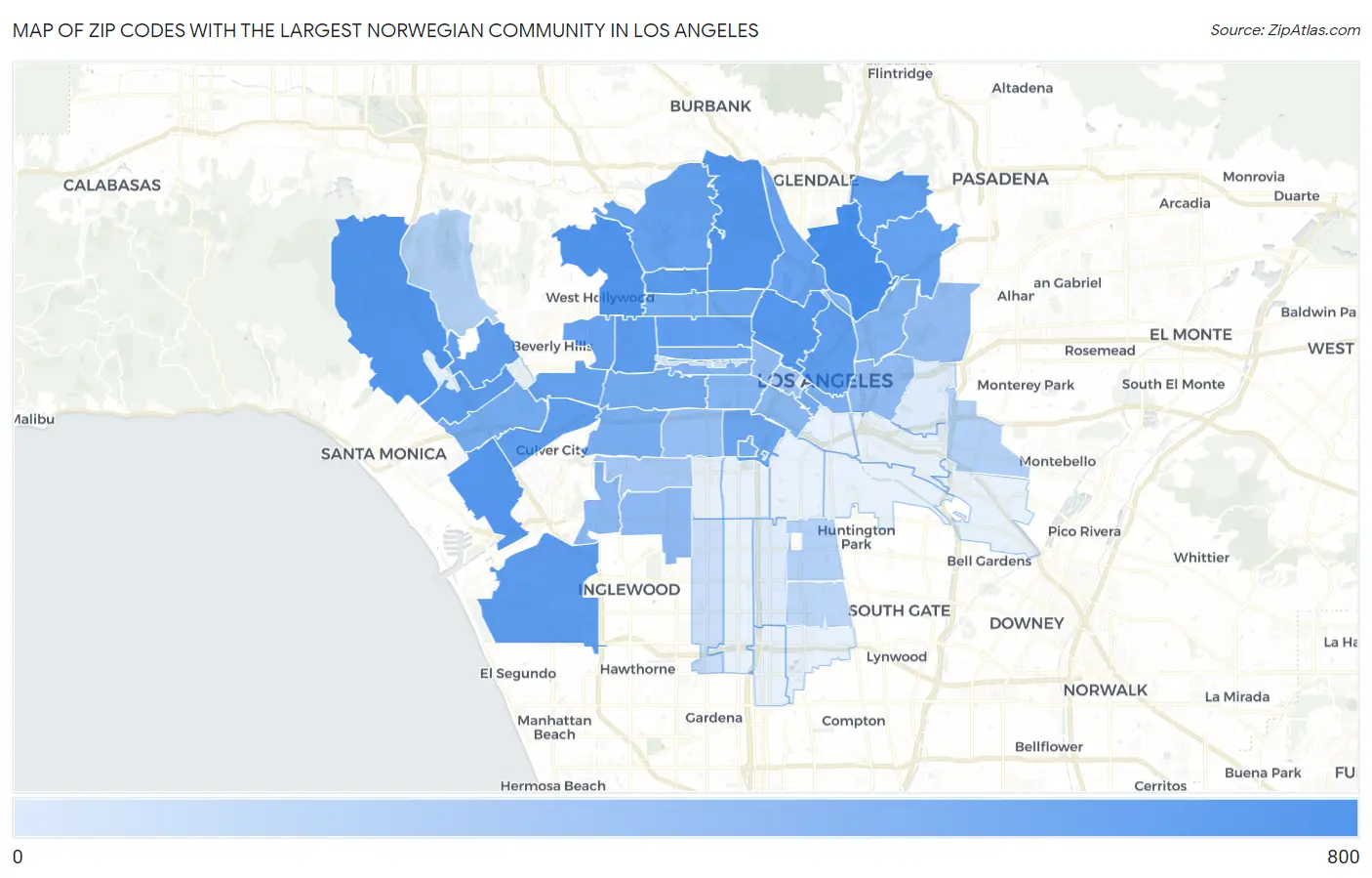 Zip Codes with the Largest Norwegian Community in Los Angeles Map