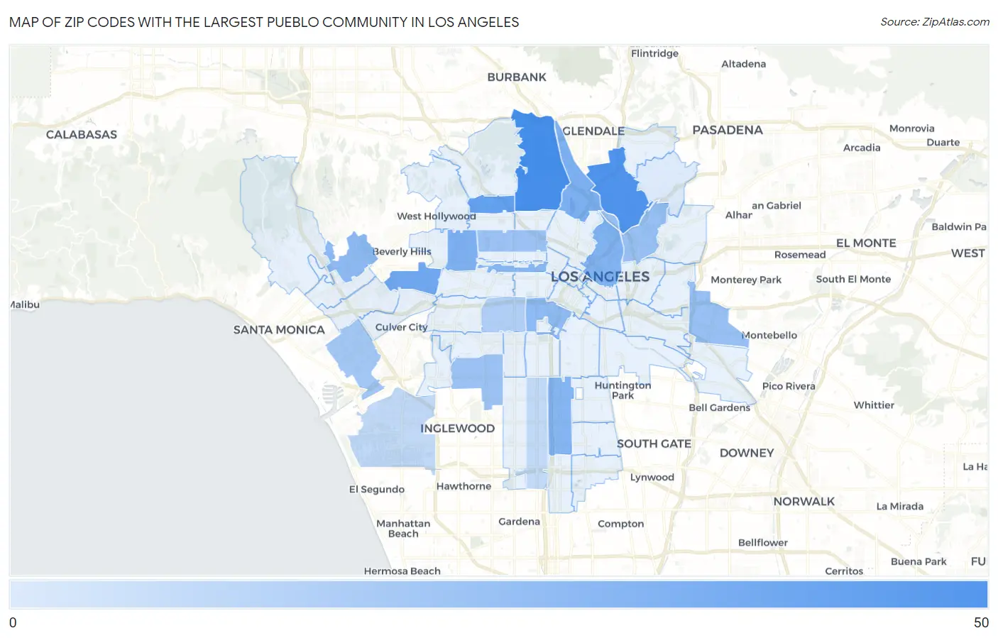 Zip Codes with the Largest Pueblo Community in Los Angeles Map