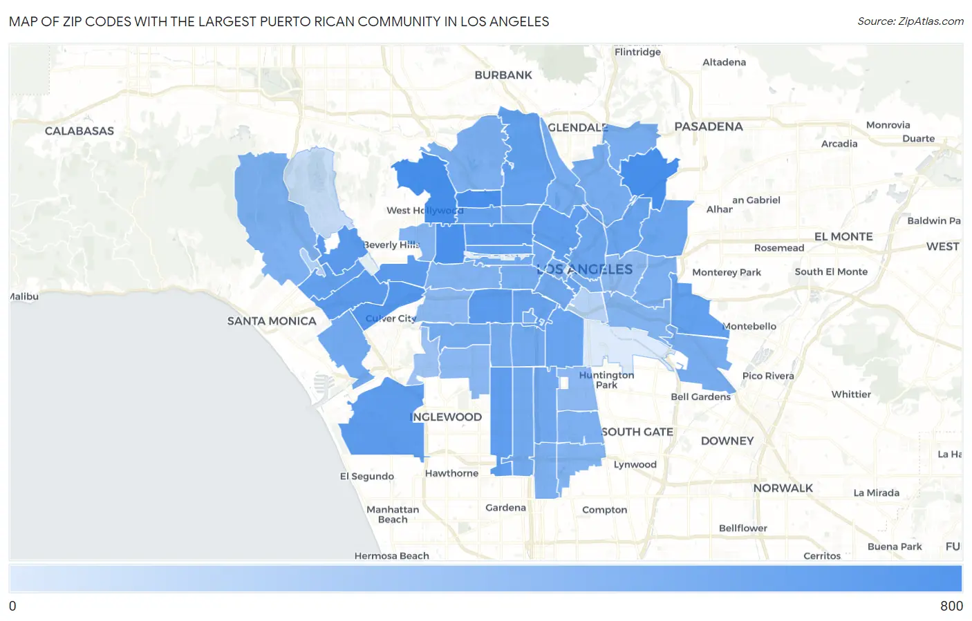 Zip Codes with the Largest Puerto Rican Community in Los Angeles Map