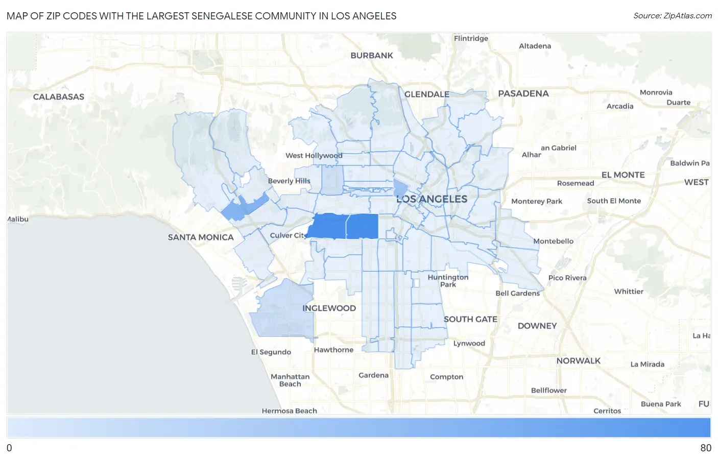 Zip Codes with the Largest Senegalese Community in Los Angeles Map