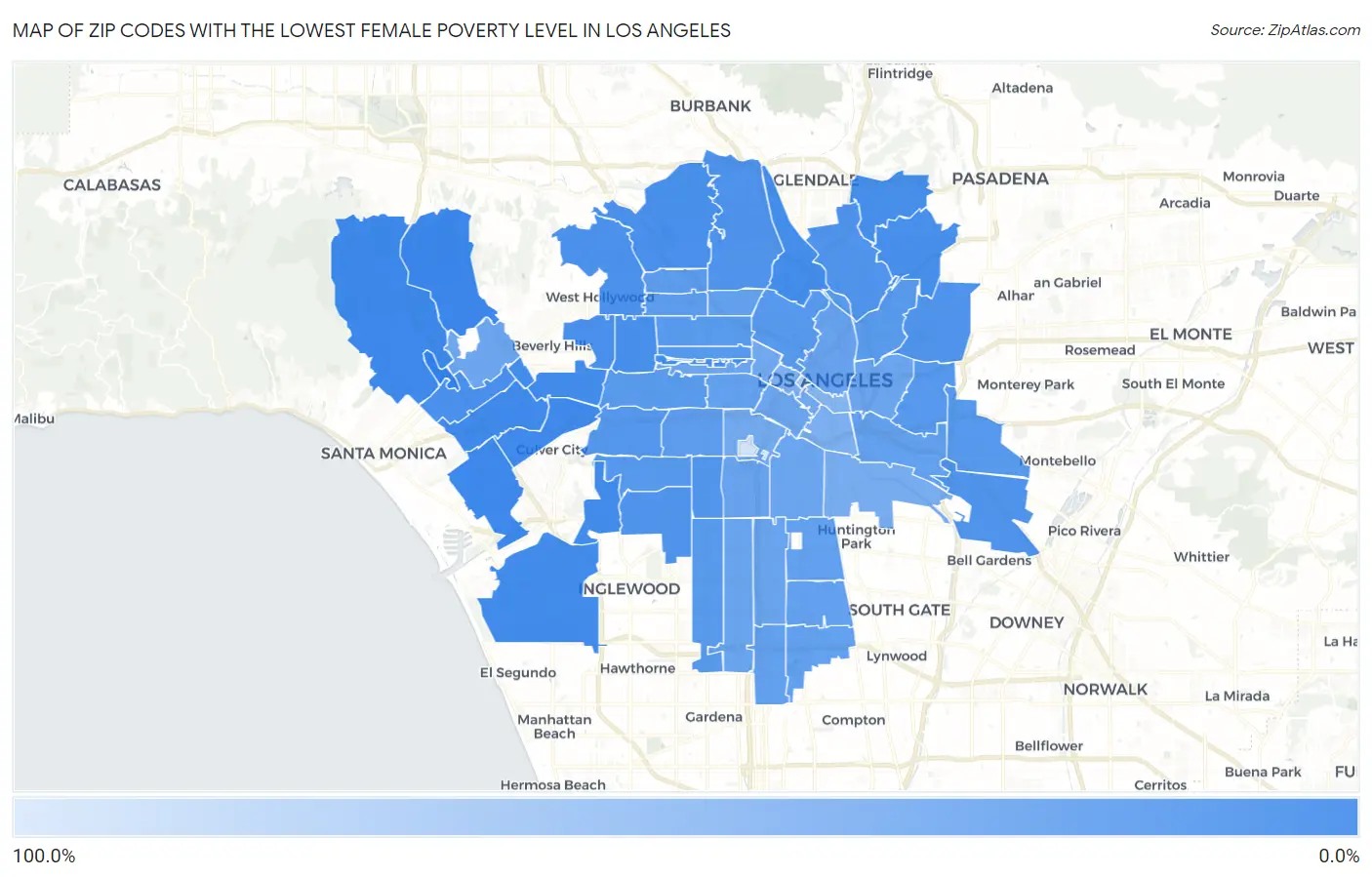 Zip Codes with the Lowest Female Poverty Level in Los Angeles Map