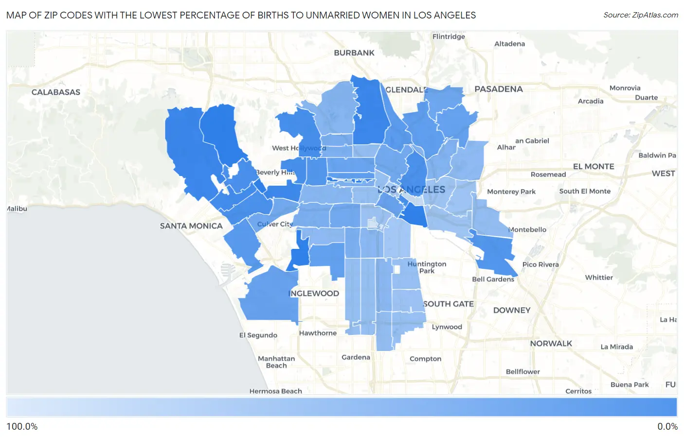 Zip Codes with the Lowest Percentage of Births to Unmarried Women in Los Angeles Map