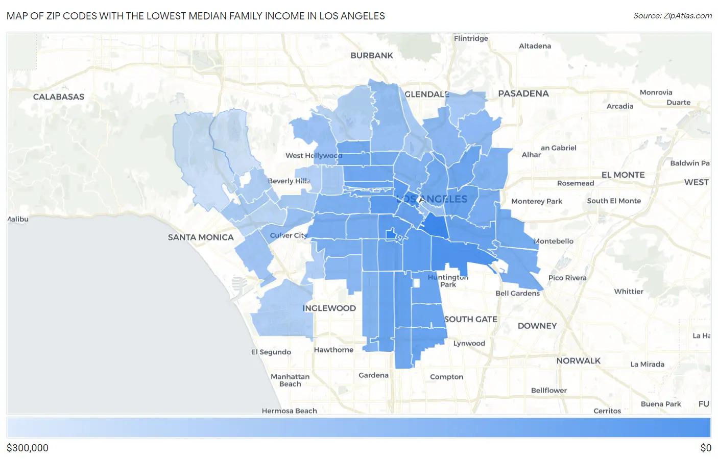 Zip Codes with the Lowest Median Family Income in Los Angeles Map