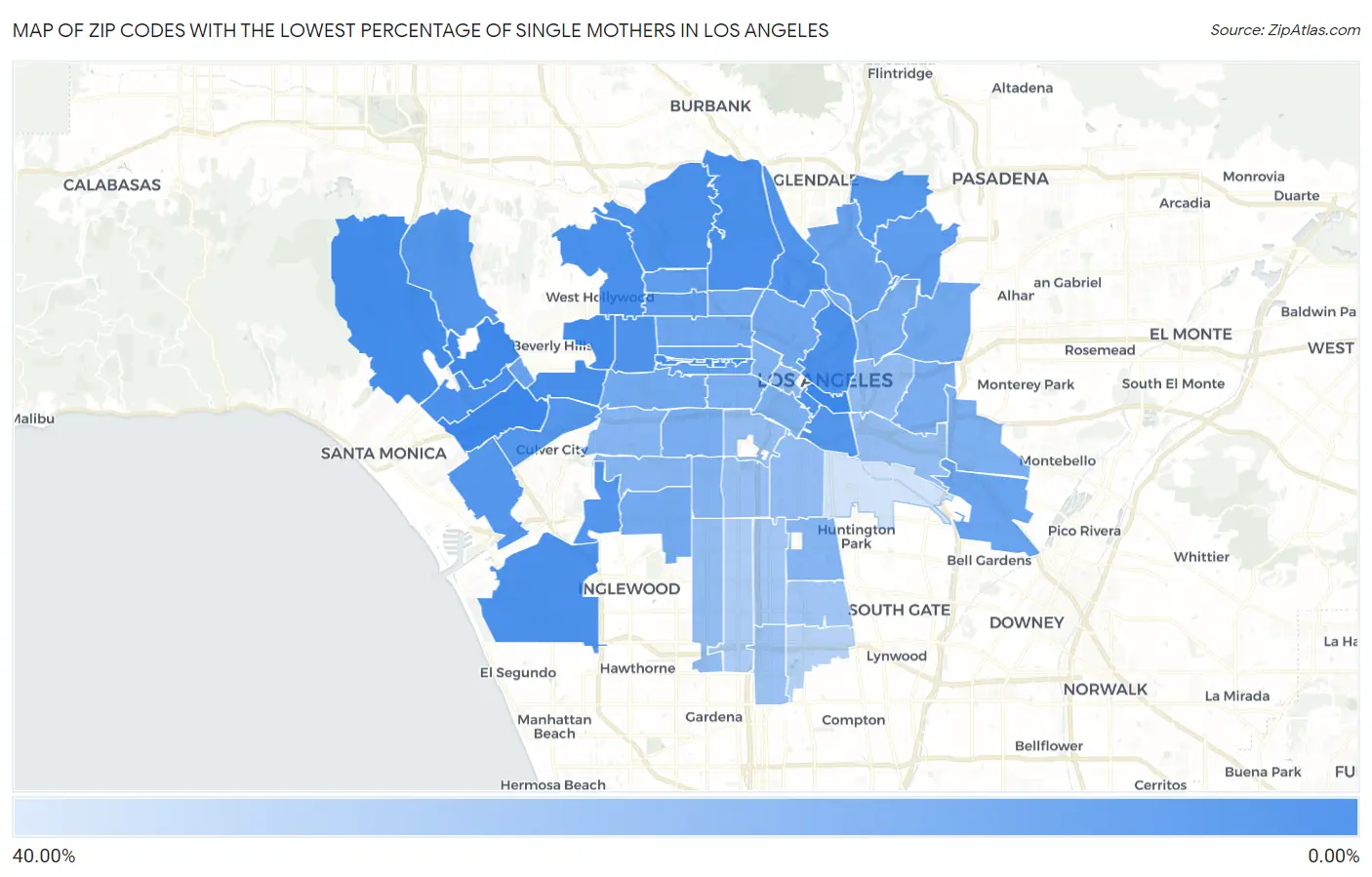 Zip Codes with the Lowest Percentage of Single Mothers in Los Angeles Map