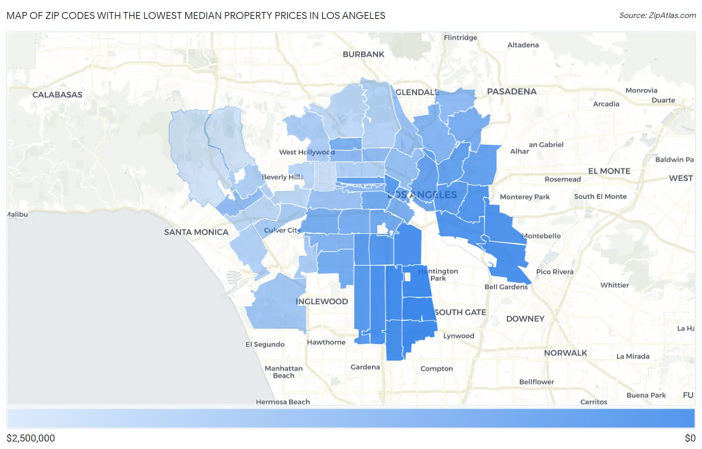 Zip Codes with the Lowest Median Property Prices in Los Angeles Map
