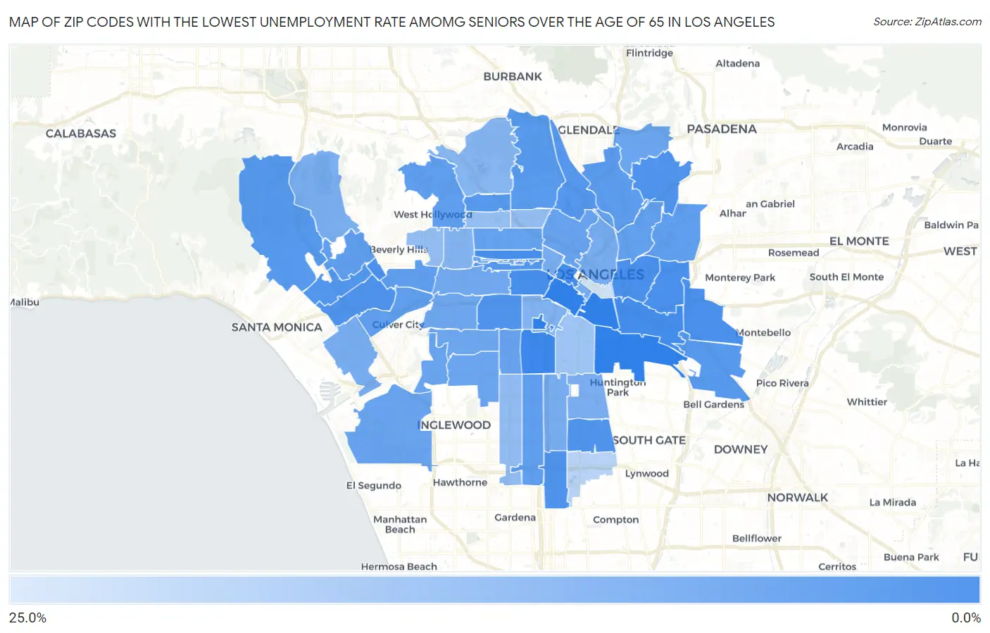 Zip Codes with the Lowest Unemployment Rate Amomg Seniors Over the Age of 65 in Los Angeles Map