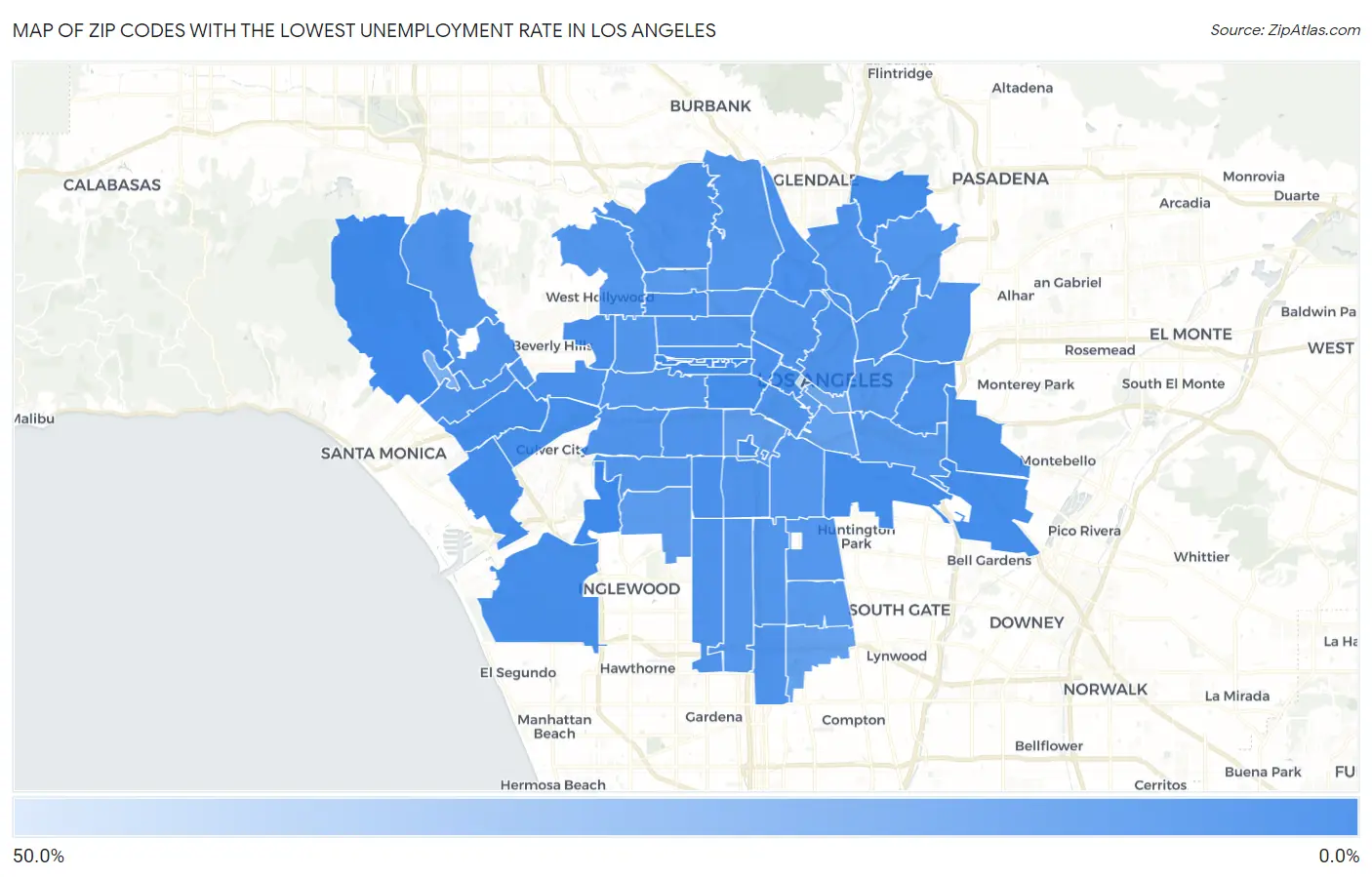 Zip Codes with the Lowest Unemployment Rate in Los Angeles Map