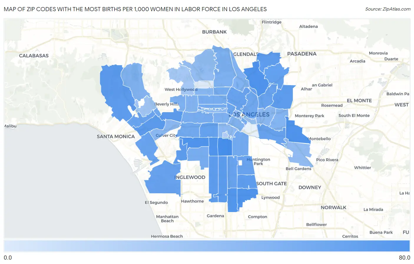 Zip Codes with the Most Births per 1,000 Women in Labor Force in Los Angeles Map