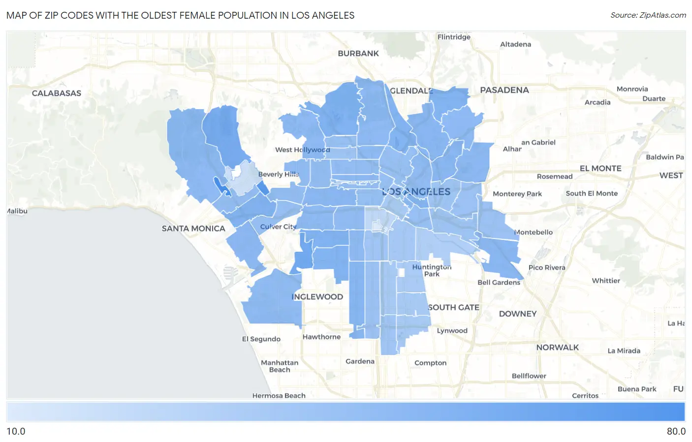 Zip Codes with the Oldest Female Population in Los Angeles Map